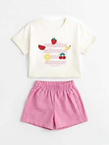 21071-1 Fruits 🍓🍋‍🟩 Keten Şortlu Set